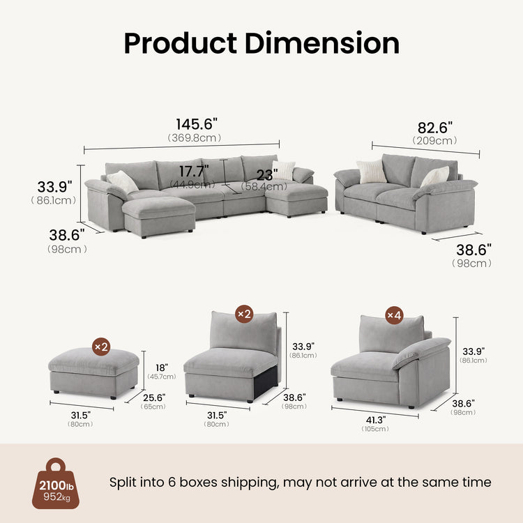 Dreamboat Modular Chenille U-Shape and Loveseat Sofa Set with Storage Ottoman,Gray