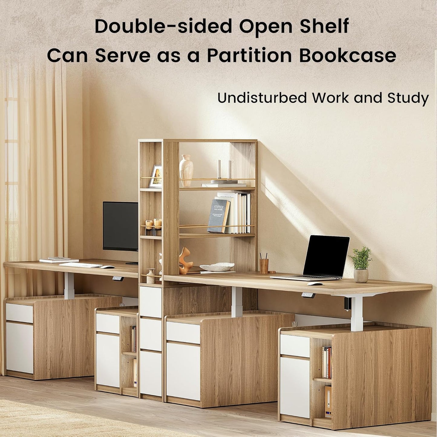 Soren 71" Executive Standing Desk & Bookcase Set in Light Walnut