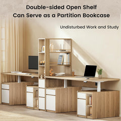 Two desks and several storage units flank a tall open shelving divider