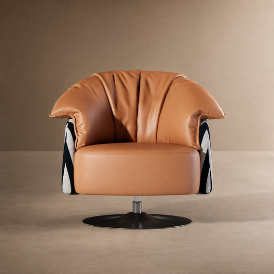 [Pre-Sale] 36.6-Inch Wide Sculptural 360-Degree Swivel Accent Chair - Caramel PU Leather with Black-and-White Striped Cotton-Linen