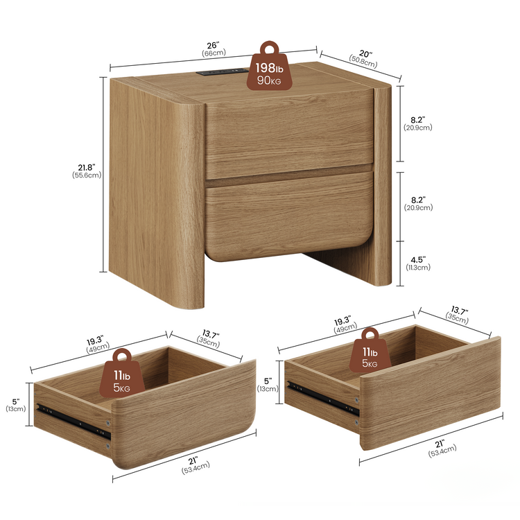 26 Inch Curved Edge Nightstands with Charging Station, Set of 2