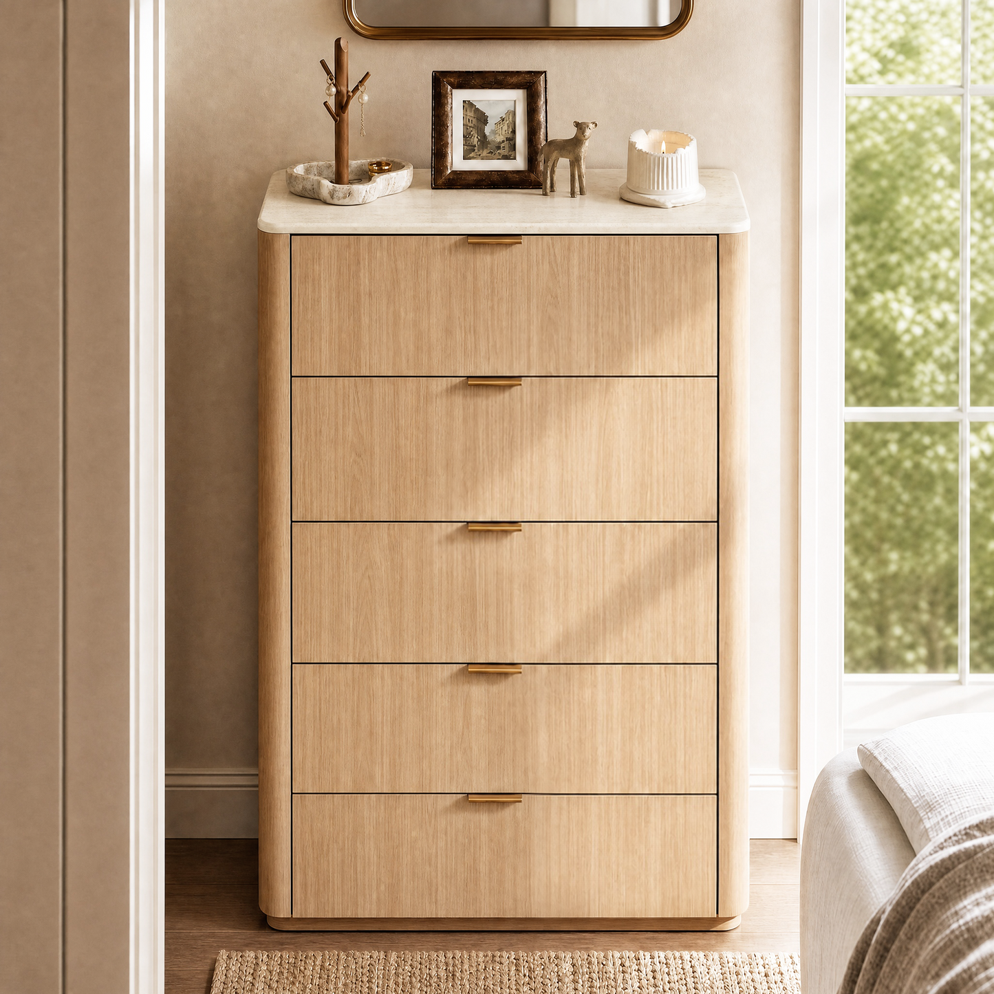 48" Tall 5 Deep Drawer Dresser for Bedroom, Modern Chest of Drawers with Faux Travertine Top