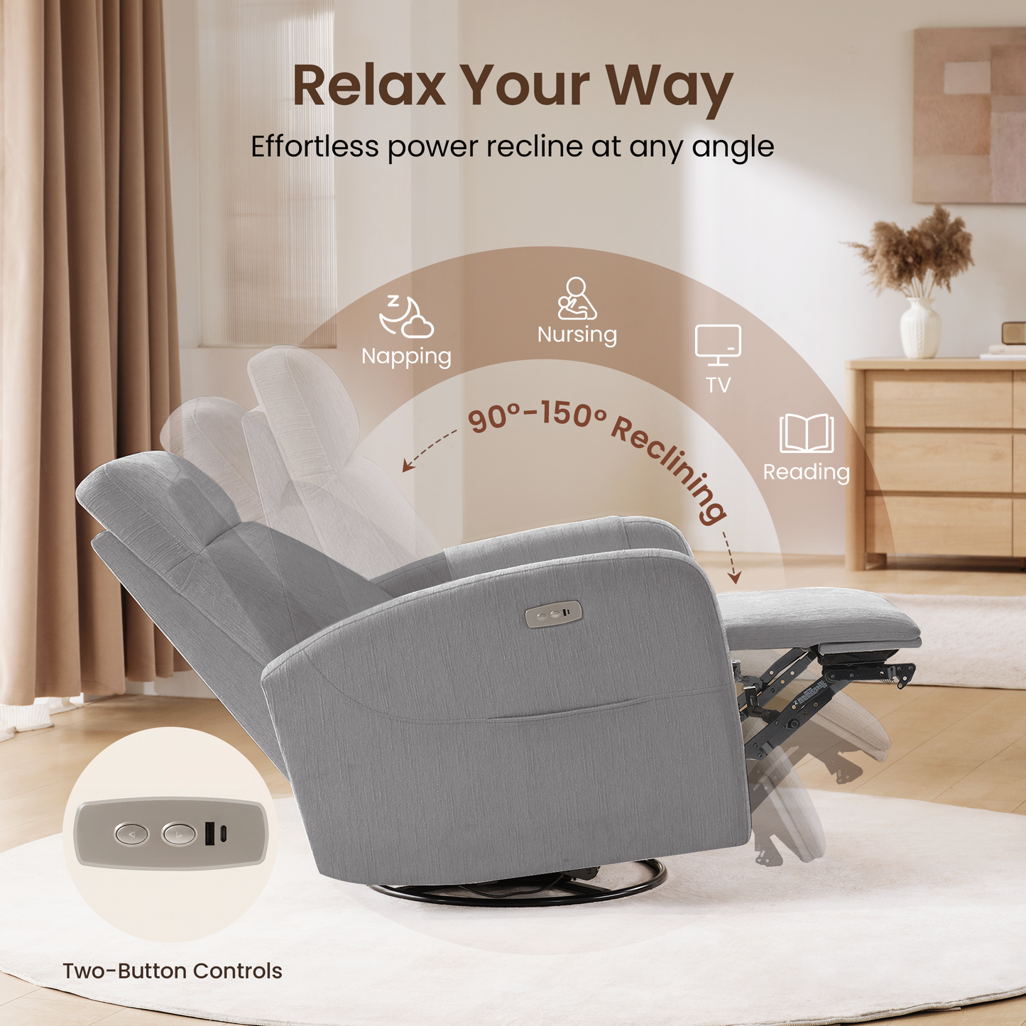 Nursery Power Swivel Glider Recliner with Adjustable Headrest & USB-C、Grey