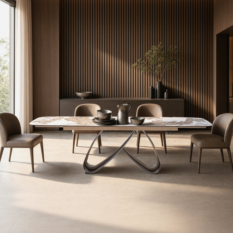 70.9"-102.4" Extendable Dining Table, Pandora Glossy Sintered Stone Modern Kitchen Table with Ribbon Loop Base