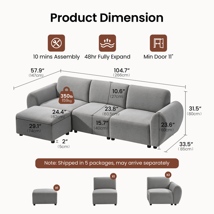 Dimension diagram of a gray three-seat sofa with rounded arms and a matching ottoman, with measurement lines and separate views of the ottoman, armless seat and arm seat modules.