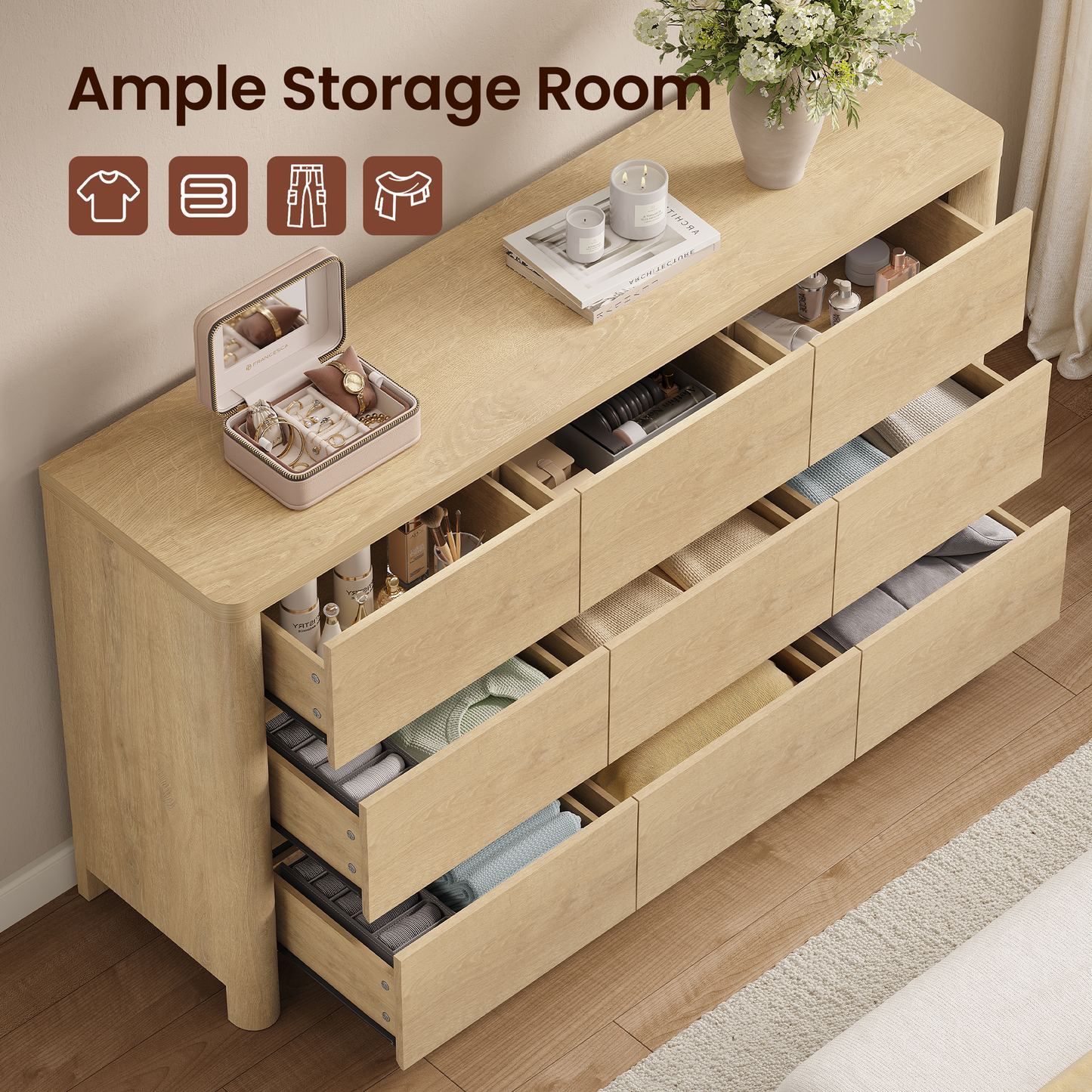63" 9-Drawer Dresser with Thick Top and Round Legs