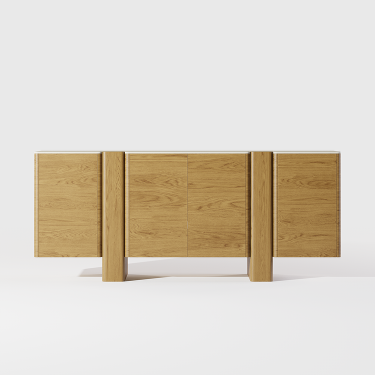 Wide natural wood sideboard with paneled doors and two thick front supports.