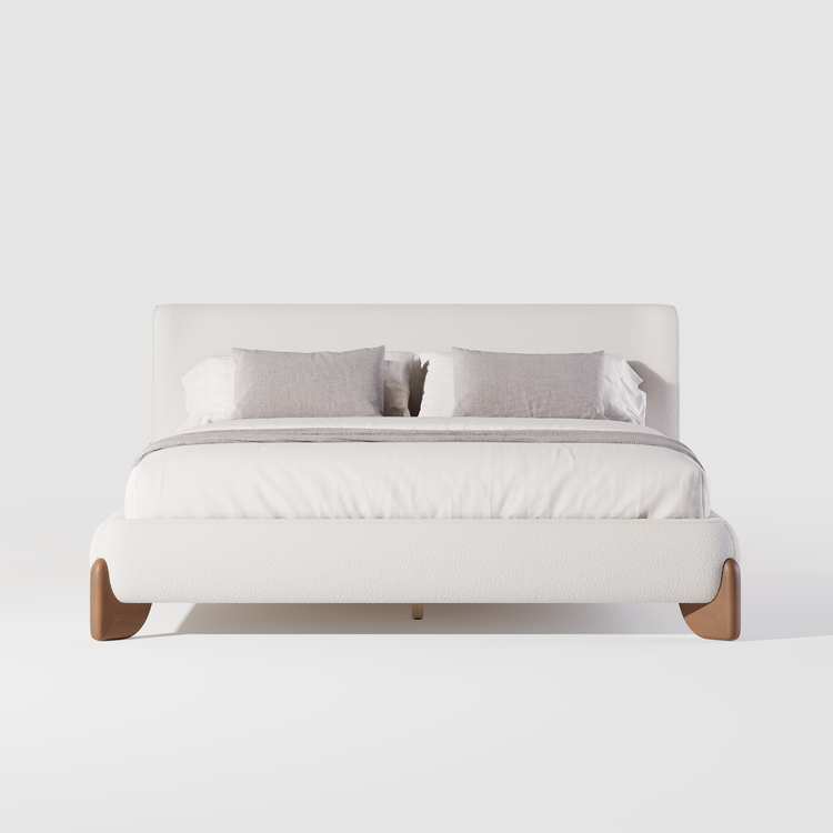 Solid Wood Leg Upholstered Bed, Queen Size Wingback Frame - Beige