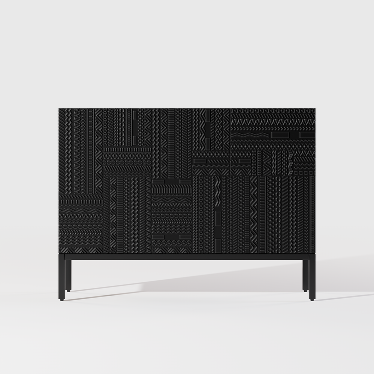 47.24" Black Teak Sideboard, Tabwa Geometric Carved 3-Door Buffet Cabinet