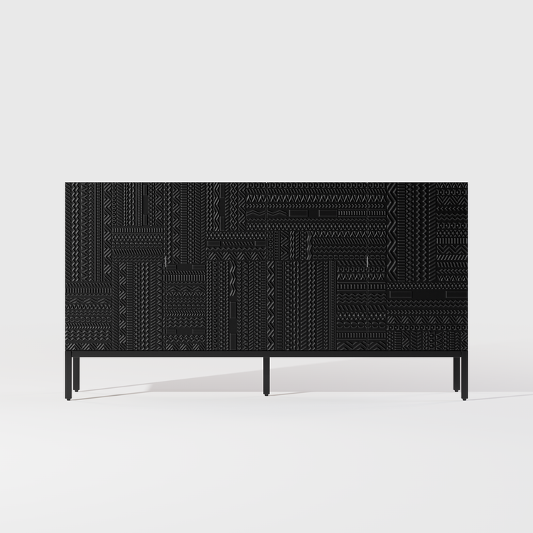 Aparador de teca negra de 70", mueble buffet de 4 puertas con tallado geométrico Tabwa