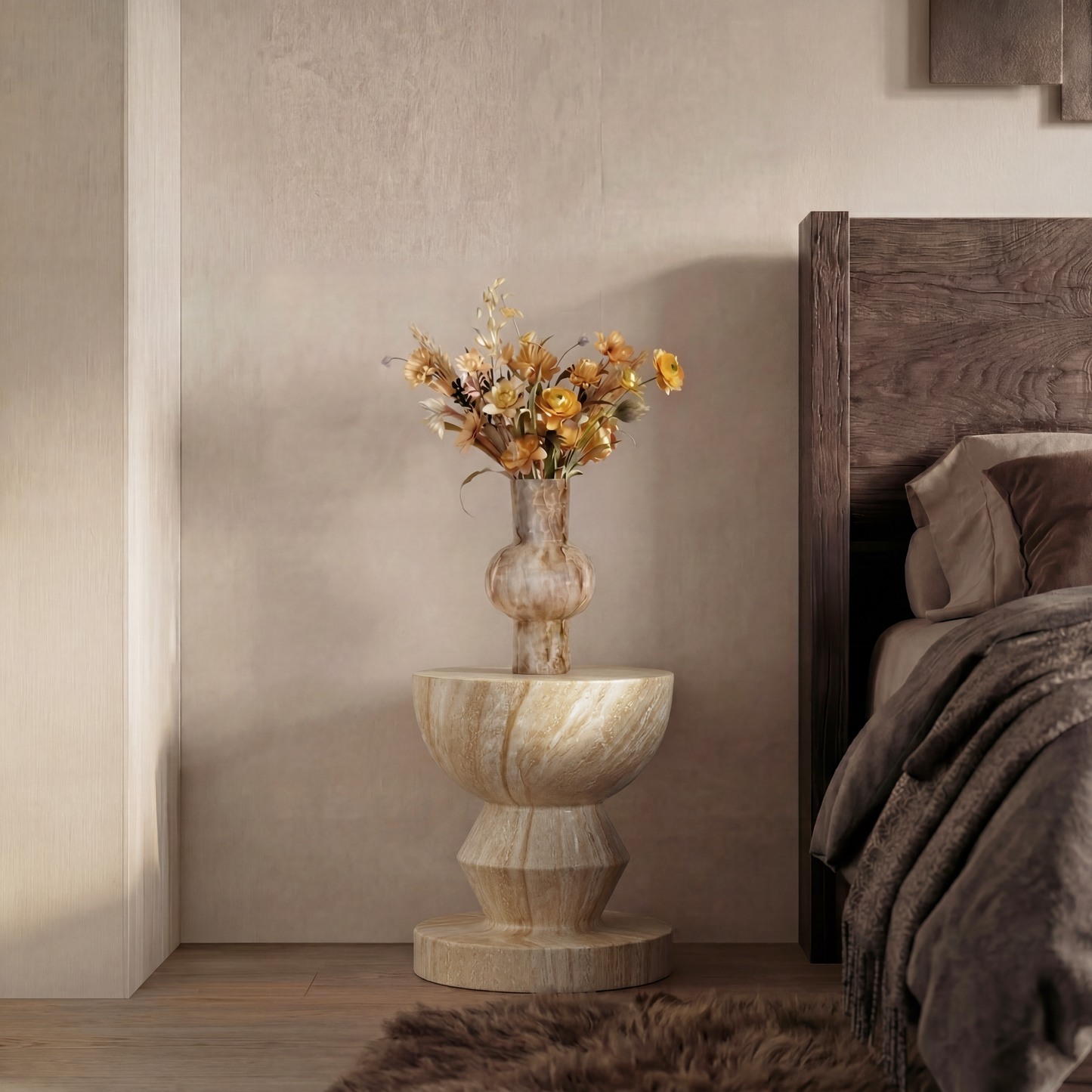 [Pre-Sale] Hourglass Pedestal Round Side Table - Beige Travertine-Look Finish