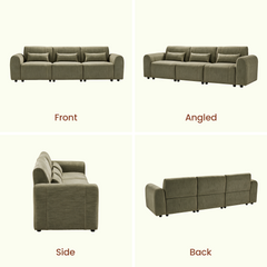 Front, angled, side and back views of an olive-gray three-seat sofa with rounded arms, three rectangular pillows and short black feet.