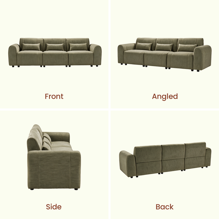 Front, angled, side and back views of an olive-gray three-seat sofa with rounded arms, three rectangular pillows and short black feet.