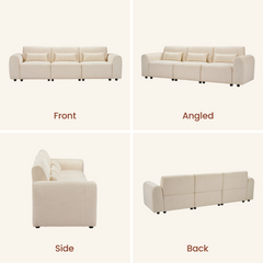 Front, angled, side and back views of a cream three-seat sofa with rounded arms, three rectangular pillows and short black feet.