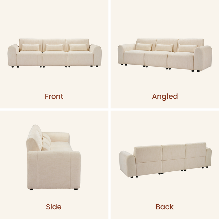 Front, angled, side and back views of a cream three-seat sofa with rounded arms, three rectangular pillows and short black feet.