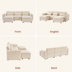 Front, angled, side and back views of a cream sofa with three back cushions, three small rectangular pillows, rounded arms, two matching footstools and short black legs.