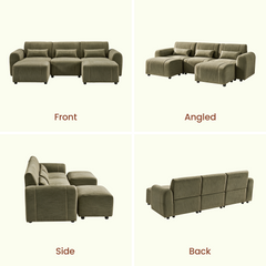 Front, angled, side and back views of an olive-gray three-seat sofa with rounded arms, three small rectangular pillows and two matching ottomans placed in front of the outer seats.