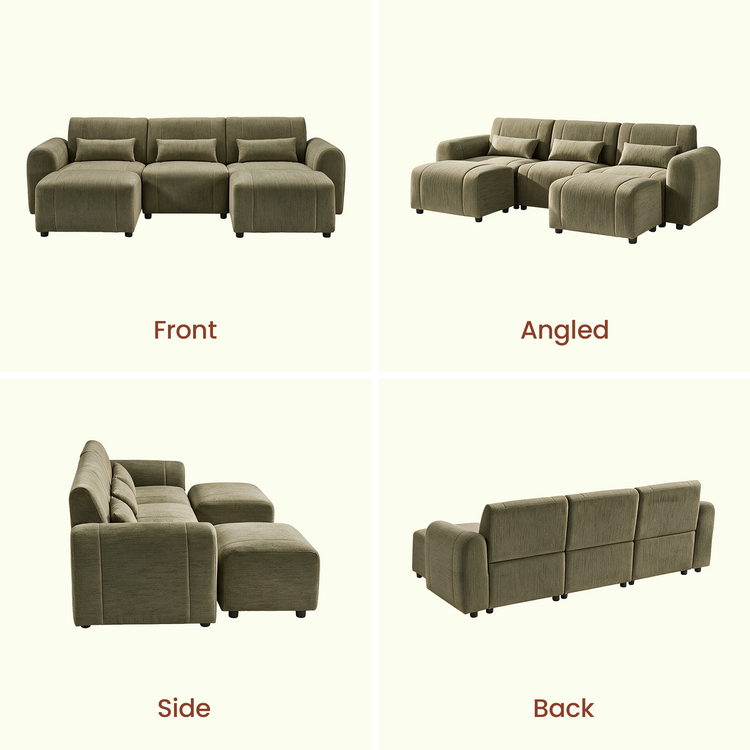 Front, angled, side and back views of an olive-gray three-seat sofa with rounded arms, three small rectangular pillows and two matching ottomans placed in front of the outer seats.