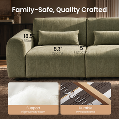 Diagram of a light green sofa with rounded arms and rectangular pillows, dimension markers, and inset views of white filling and a frame with zigzag springs.