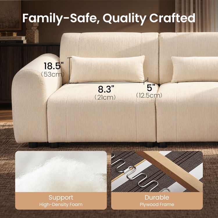 Diagram of a cream sofa with rectangular pillows, dimension lines around one pillow, and inset close-ups of white fluffy filling and a frame with zigzag springs.