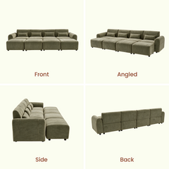 Front, angled, side and back views of an olive-gray four-seat sofa with rounded arms, four small rectangular pillows and four matching ottomans aligned across the front.