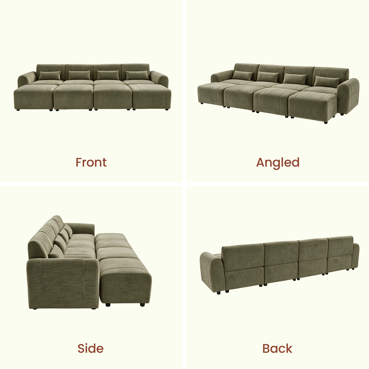 Front, angled, side and back views of an olive-gray four-seat sofa with rounded arms, four small rectangular pillows and four matching ottomans aligned across the front.
