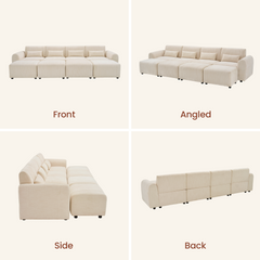 Cream-colored sofa with four matching pillows, rounded arms, short black feet and four ottomans aligned in front, shown from the front, angle, side and back.
