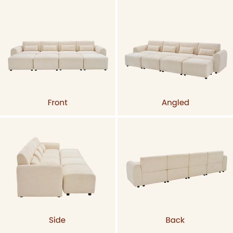 Cream-colored sofa with four matching pillows, rounded arms, short black feet and four ottomans aligned in front, shown from the front, angle, side and back.
