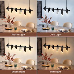 Four panels compare warm, cold, bright and dim lighting from a black pendant with curved, glowing-tipped arms above a dining table.
