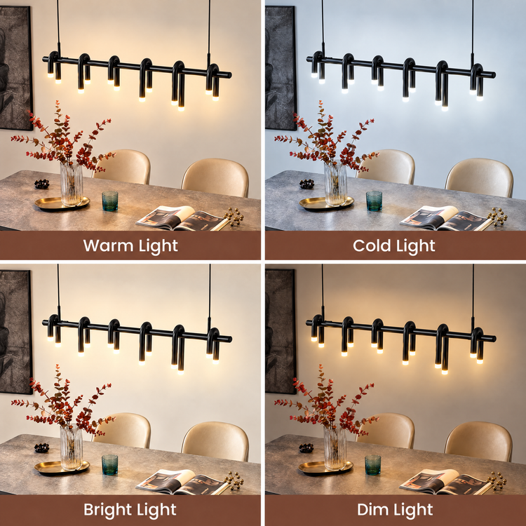 Four panels compare warm, cold, bright and dim lighting from a black pendant with curved, glowing-tipped arms above a dining table.