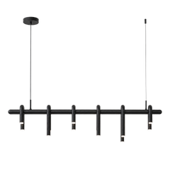Black pendant light with a long horizontal bar, six curved tubular light elements with white ends, and two thin suspension cables.