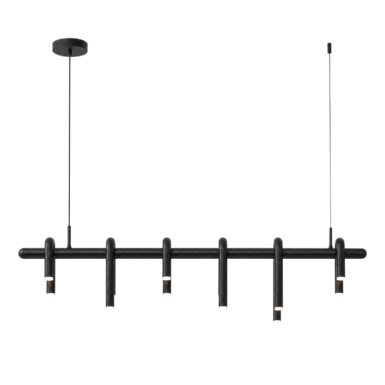 Black pendant light with a long horizontal bar, six curved tubular light elements with white ends, and two thin suspension cables.