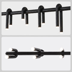 Two close-up views of a black light fixture with curved tubular arms looping over a straight bar and glowing white circular tips.