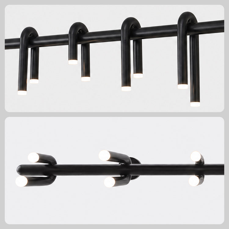Two close-up views of a black light fixture with curved tubular arms looping over a straight bar and glowing white circular tips.