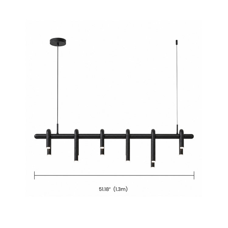 Diagram of a black suspended linear light with curved tubular lights hanging at varied lengths along a horizontal bar and a width dimension line below.
