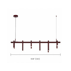 Diagram of a dark red pendant light with six looped tubular elements along a horizontal bar, two suspension cables, and a width dimension line below.