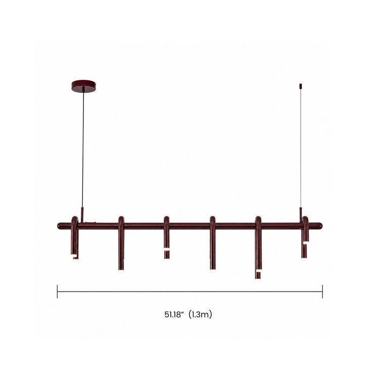 Diagram of a dark red pendant light with six looped tubular elements along a horizontal bar, two suspension cables, and a width dimension line below.