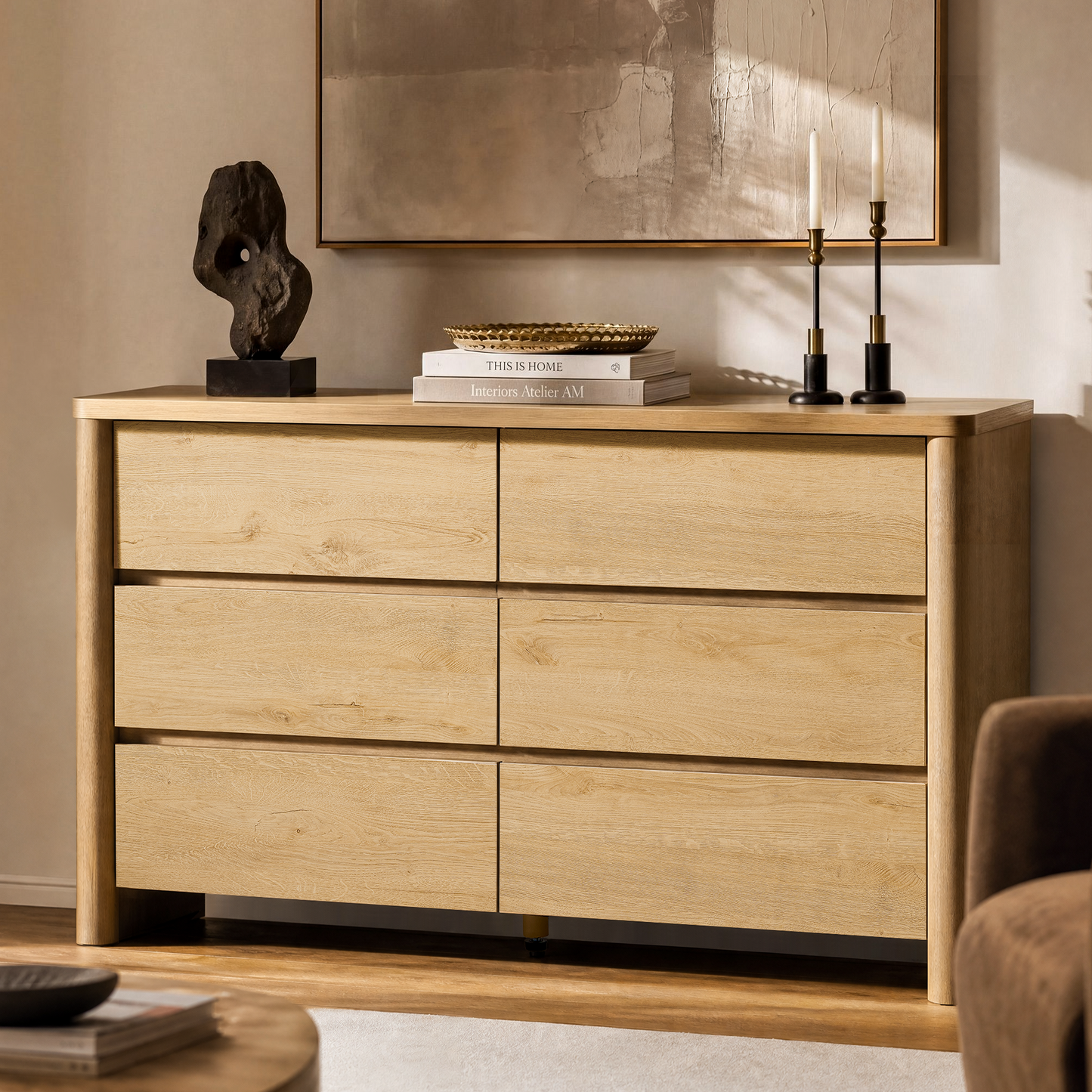 52.8 Natural Wood Rounded 6 Drawer Dresser 03 Main