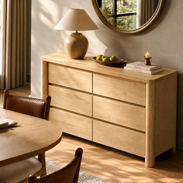 Six-drawer cabinet stands beneath a round mirror beside a lamp and fruit bowl, Two drawer columns form three visible rows