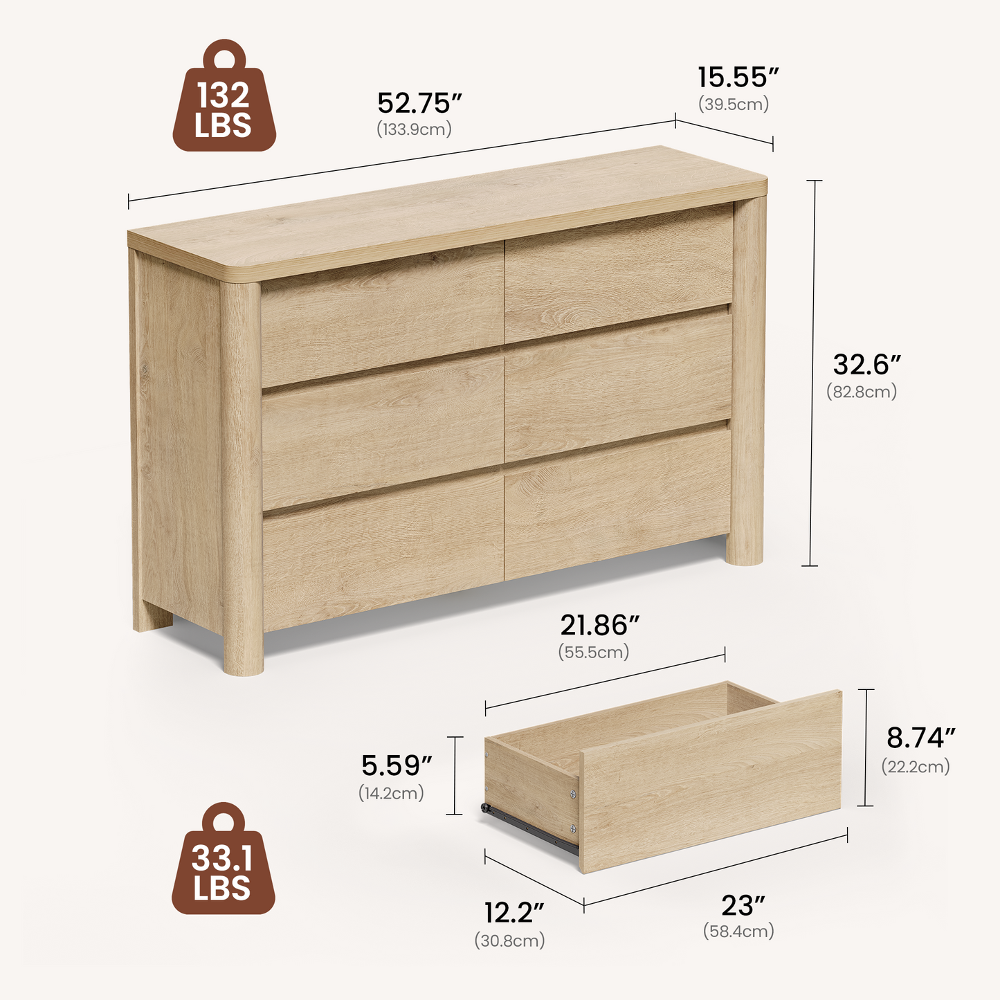 52.8 Natural Wood Rounded 6 Drawer Dresser 07 Size Chart