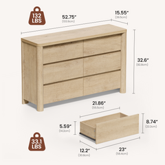 52.8 Natural Wood Rounded 6 Drawer Dresser 07 Size Chart