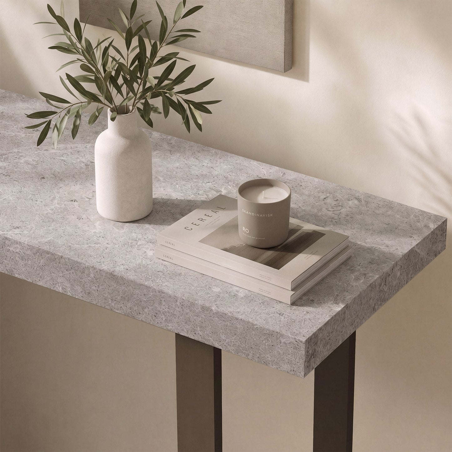 [Pre-Sale] 55.1" Modern Console Table with Faux Stone Top & Matte Brown Metal Legs, space-saving U-shaped Frame