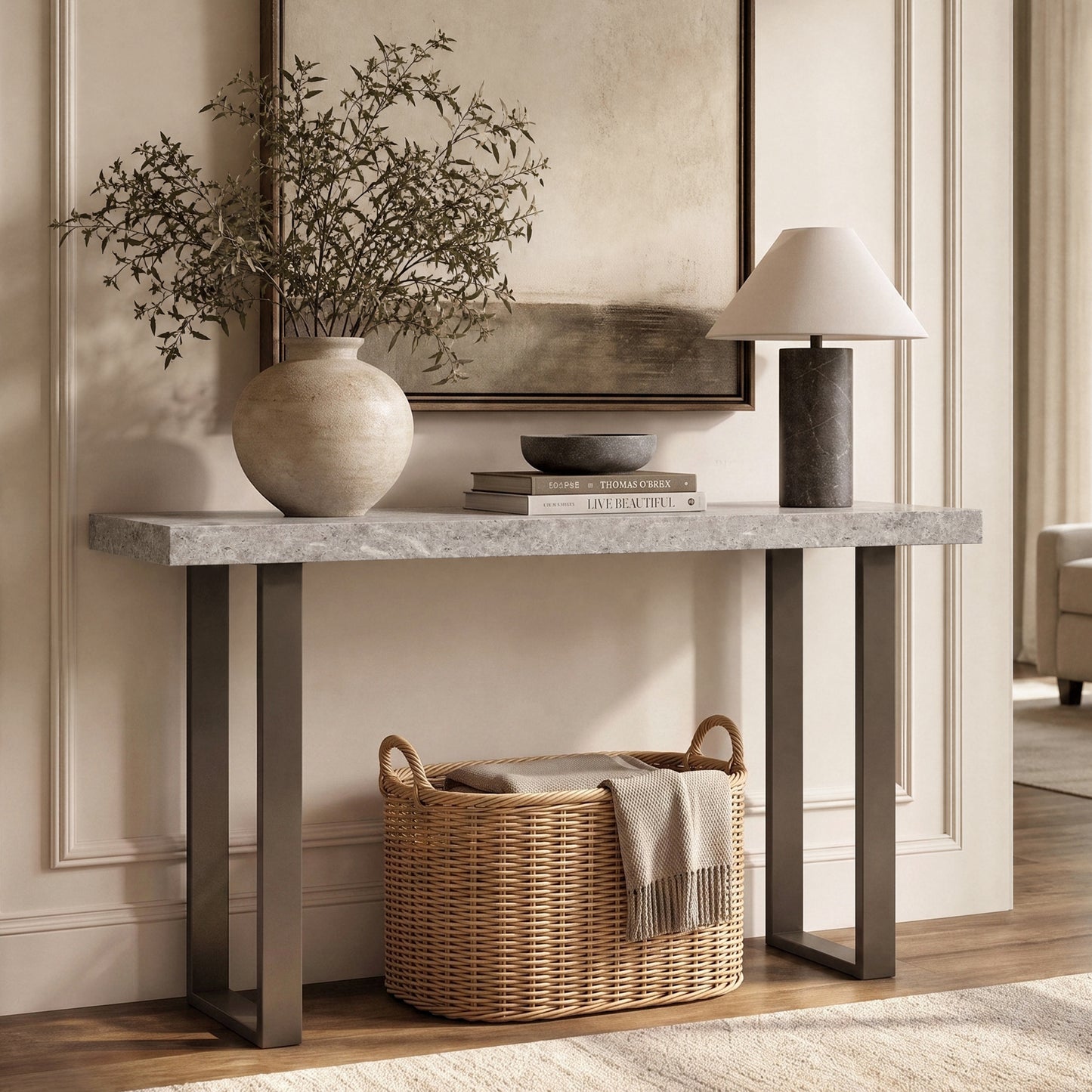 [Pre-Sale] 55.1" Modern Console Table with Faux Stone Top & Matte Brown Metal Legs, space-saving U-shaped Frame