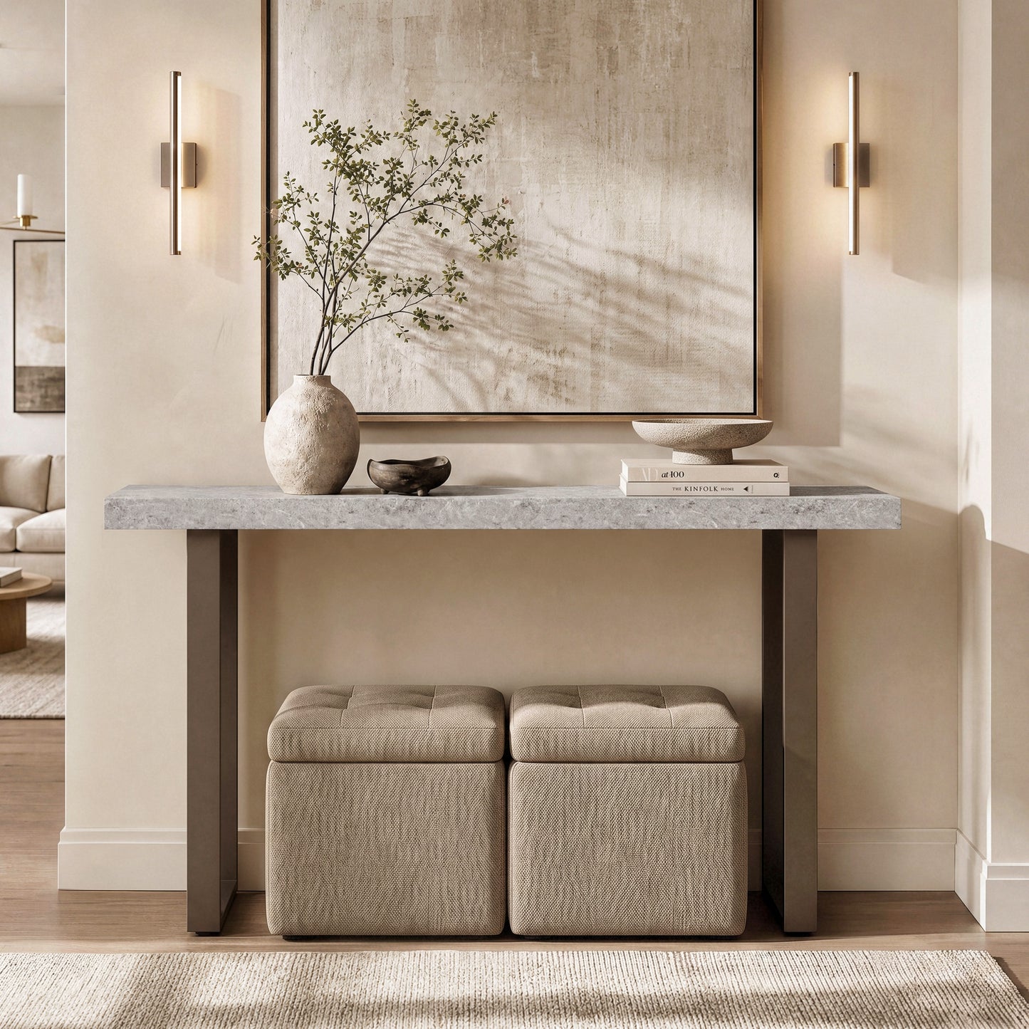 [Pre-Sale] 55.1" Modern Console Table with Faux Stone Top & Matte Brown Metal Legs, space-saving U-shaped Frame