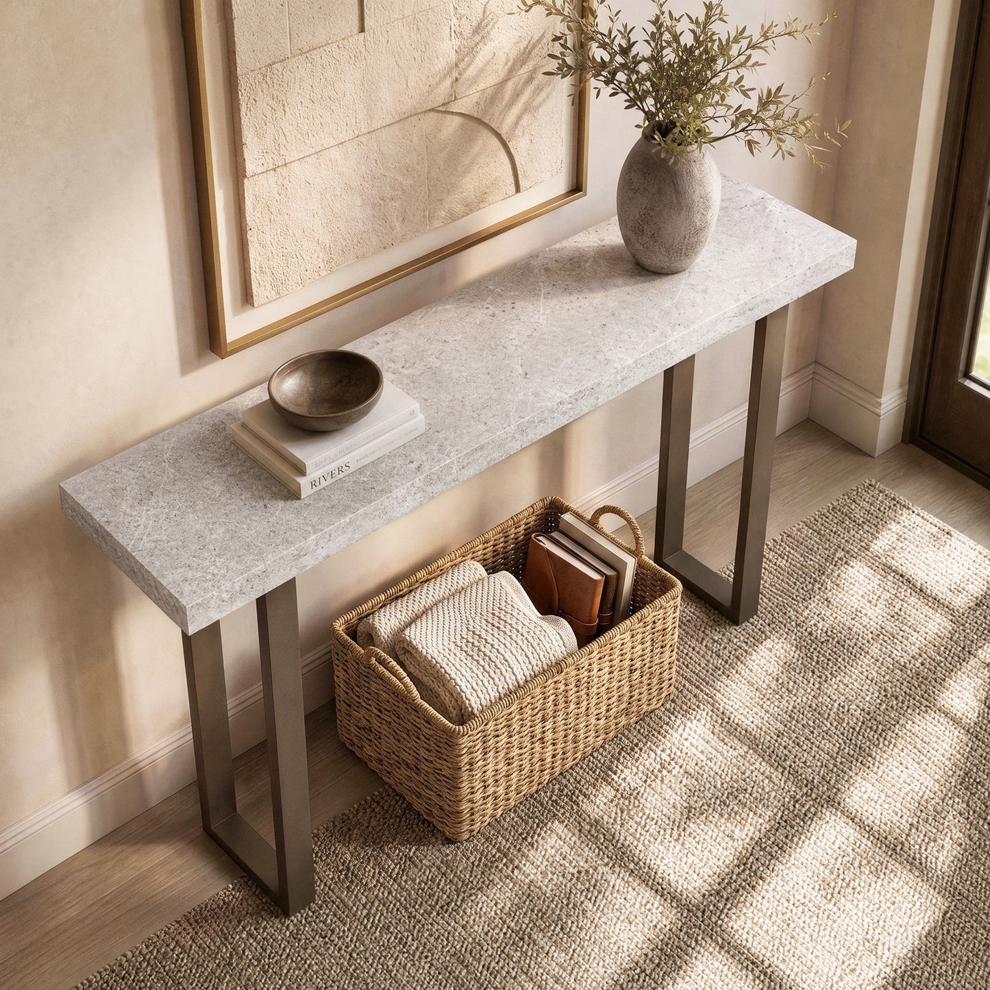 [Pre-Sale] 55.1" Modern Console Table with Faux Stone Top & Matte Brown Metal Legs, space-saving U-shaped Frame