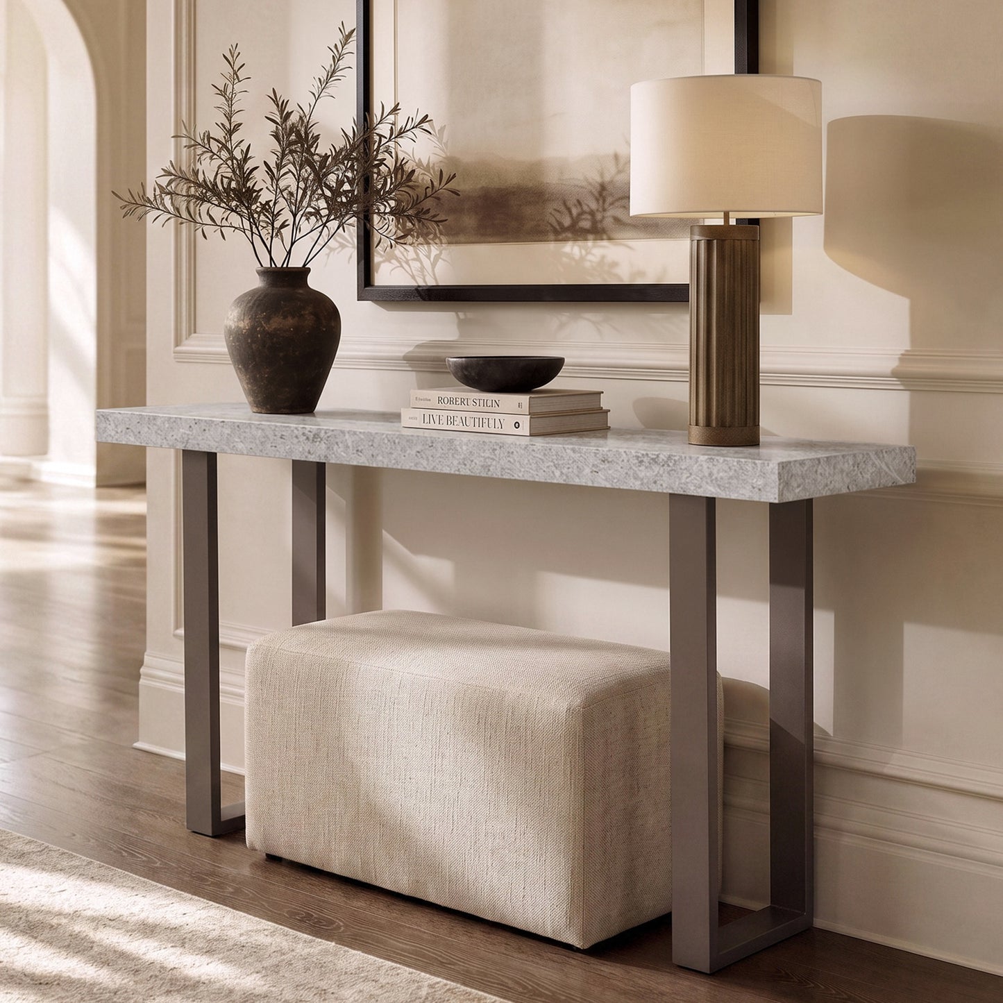 [Pre-Sale] 55.1" Modern Console Table with Faux Stone Top & Matte Brown Metal Legs, space-saving U-shaped Frame