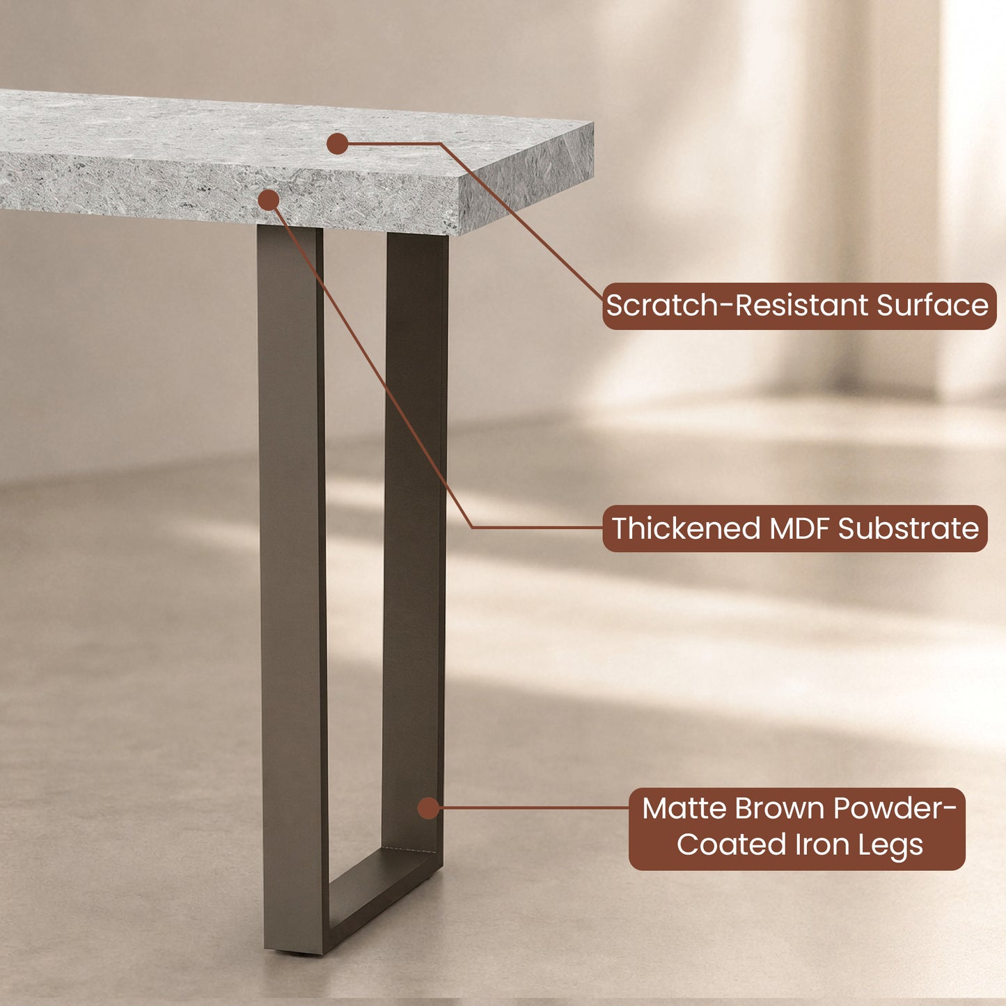 [Pre-Sale] 55.1" Modern Console Table with Faux Stone Top & Matte Brown Metal Legs, space-saving U-shaped Frame