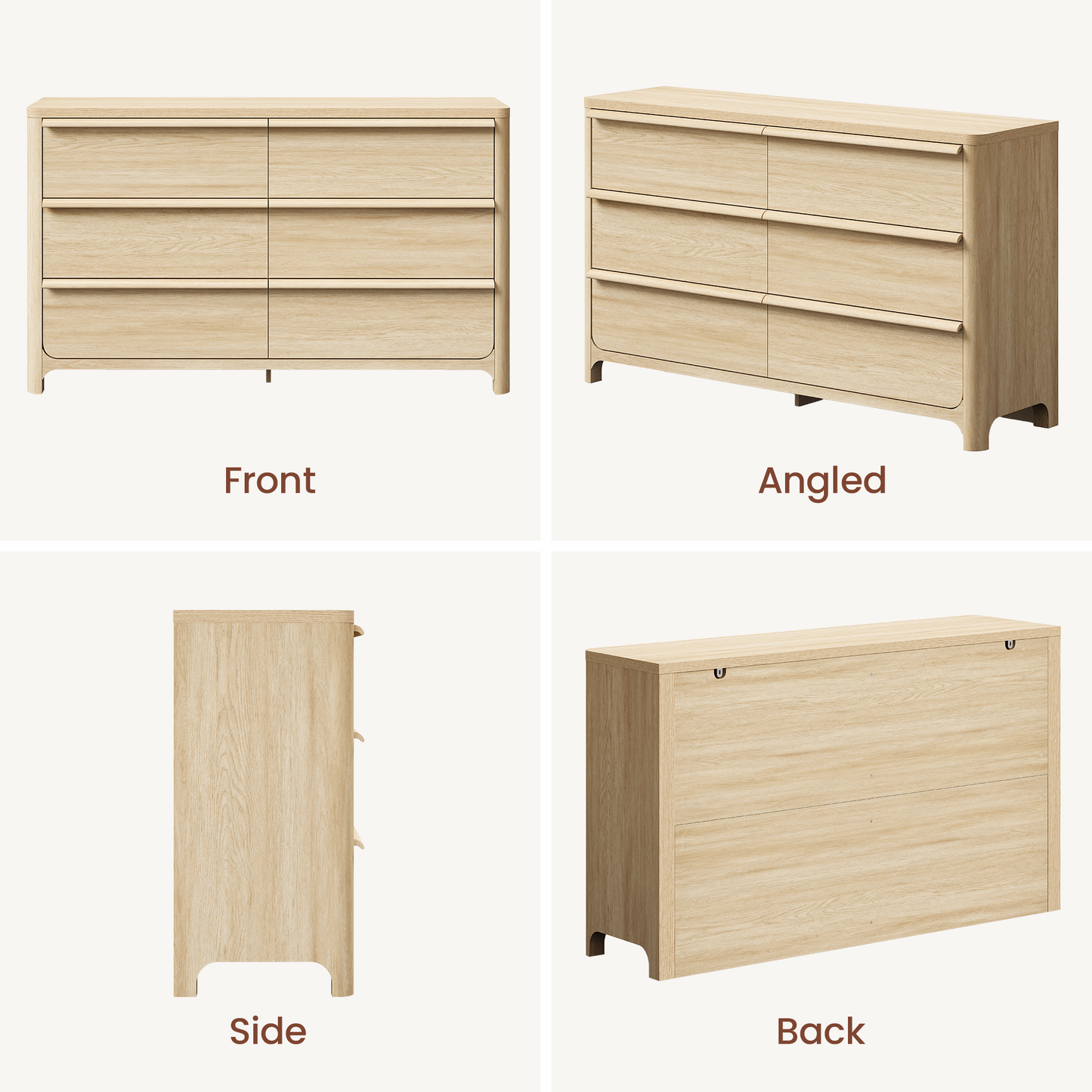 [Pre-sale] 57.1" Modern 6-Drawer Dresser, Curved Light Wood, Spacious Storage, Elevated Leg Design