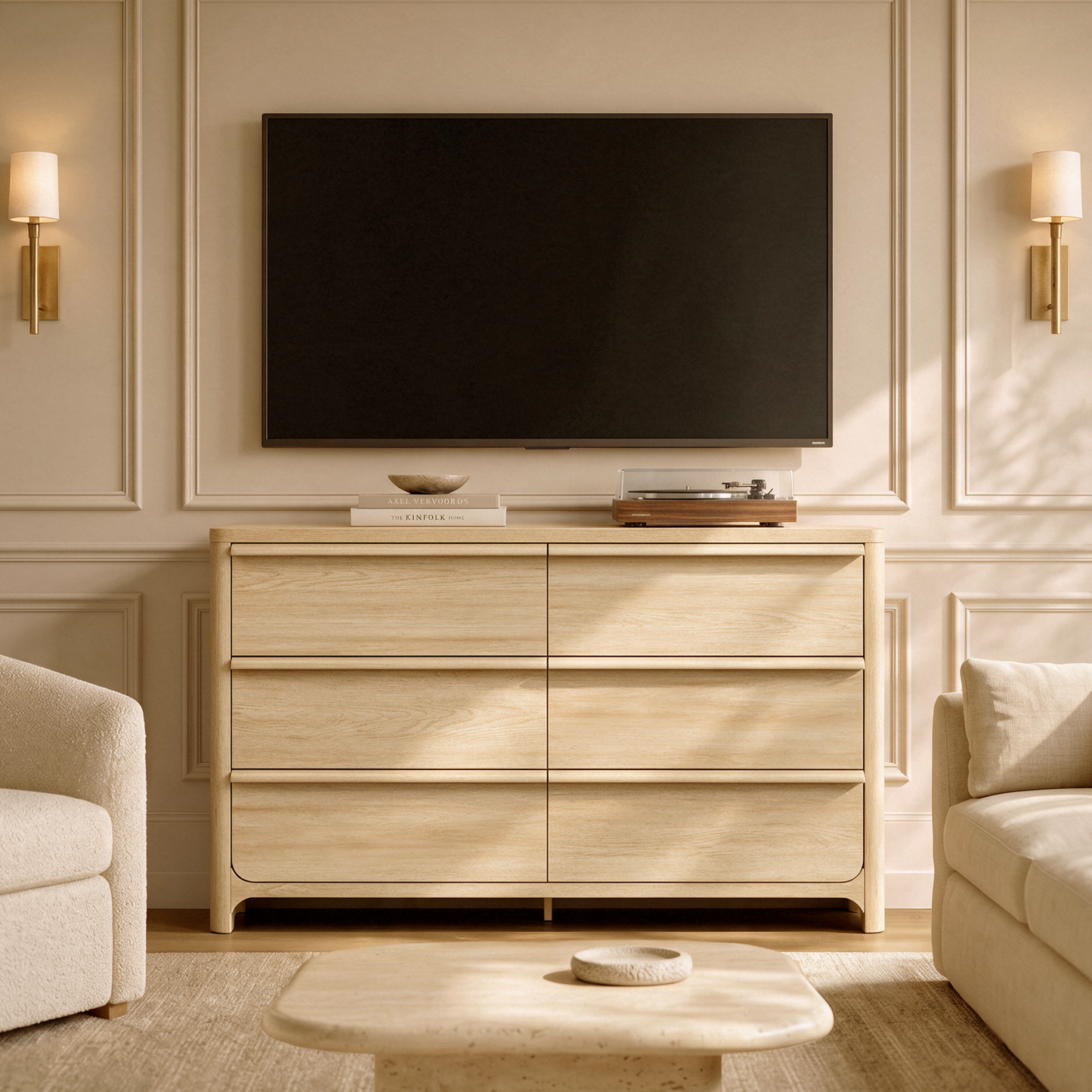 [Pre-sale] 57.1" Modern 6-Drawer Dresser, Curved Light Wood, Spacious Storage, Elevated Leg Design