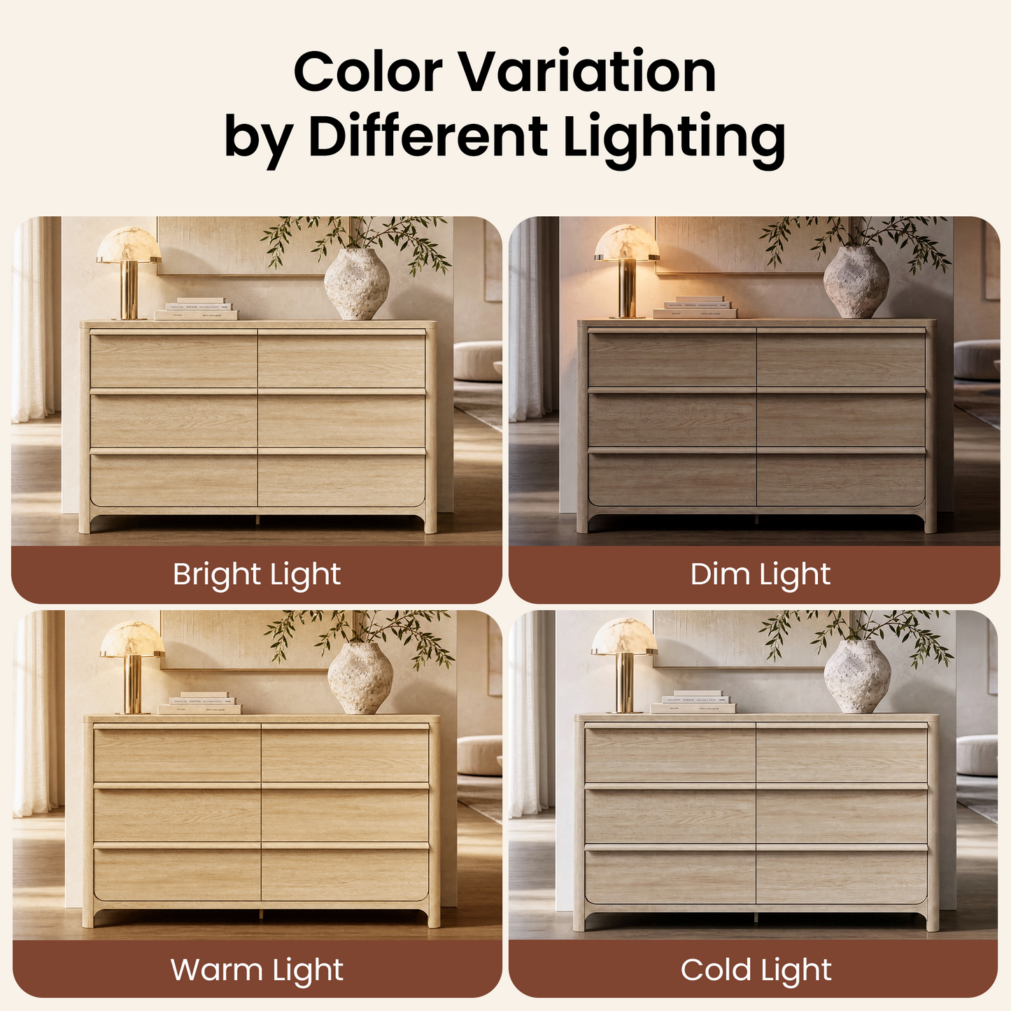 [Pre-sale] 57.1" Modern 6-Drawer Dresser, Curved Light Wood, Spacious Storage, Elevated Leg Design